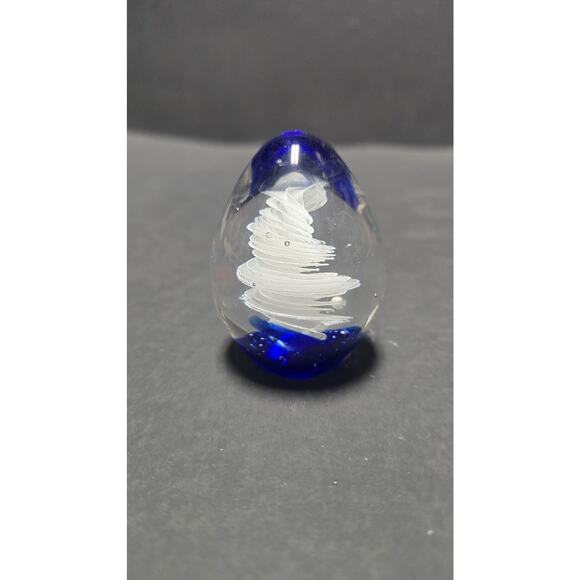 Signed Art Glass Egg Paperweight Cobalt Blue Clear White Swirl Studio Decor - Picture 4 of 10